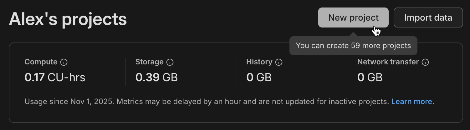 Dashboard page showing 60 Free Plan projects